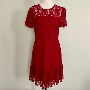 Michael Kors Womens Red Lace Dress Fully Lined Short Sleeve Fit Flare Dress SZ 8